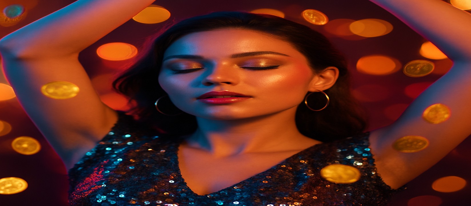 একজন নারী karika গেম অ্যাভিয়েটর জয় উদযাপন করছেন, চারপাশে সোনার কয়েনগুলো উড়ে বেড়াচ্ছে