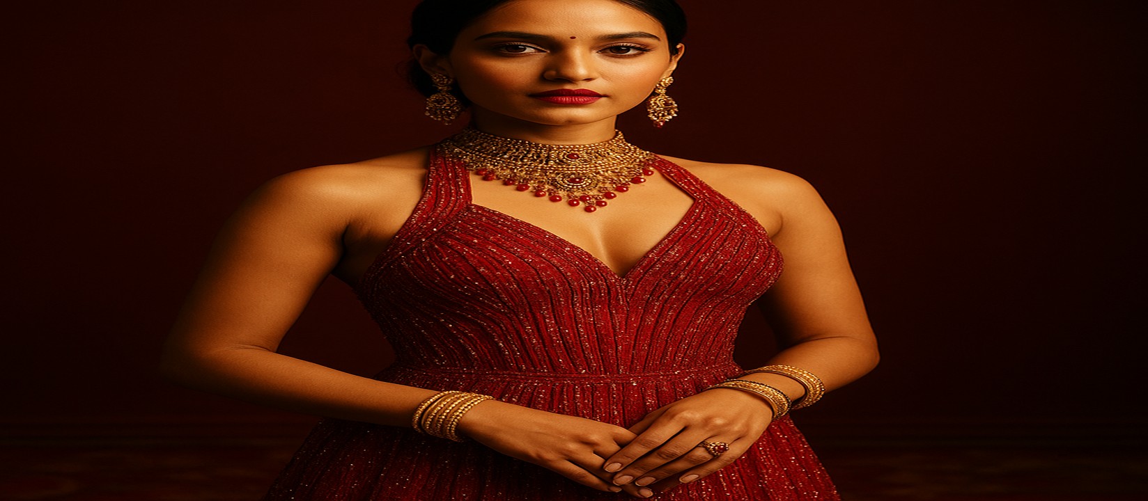 karika গেমিং প্ল্যাটফর্ম টেবিলে একটি সুন্দর লাল পোশাকে একজন নারী ডিলার