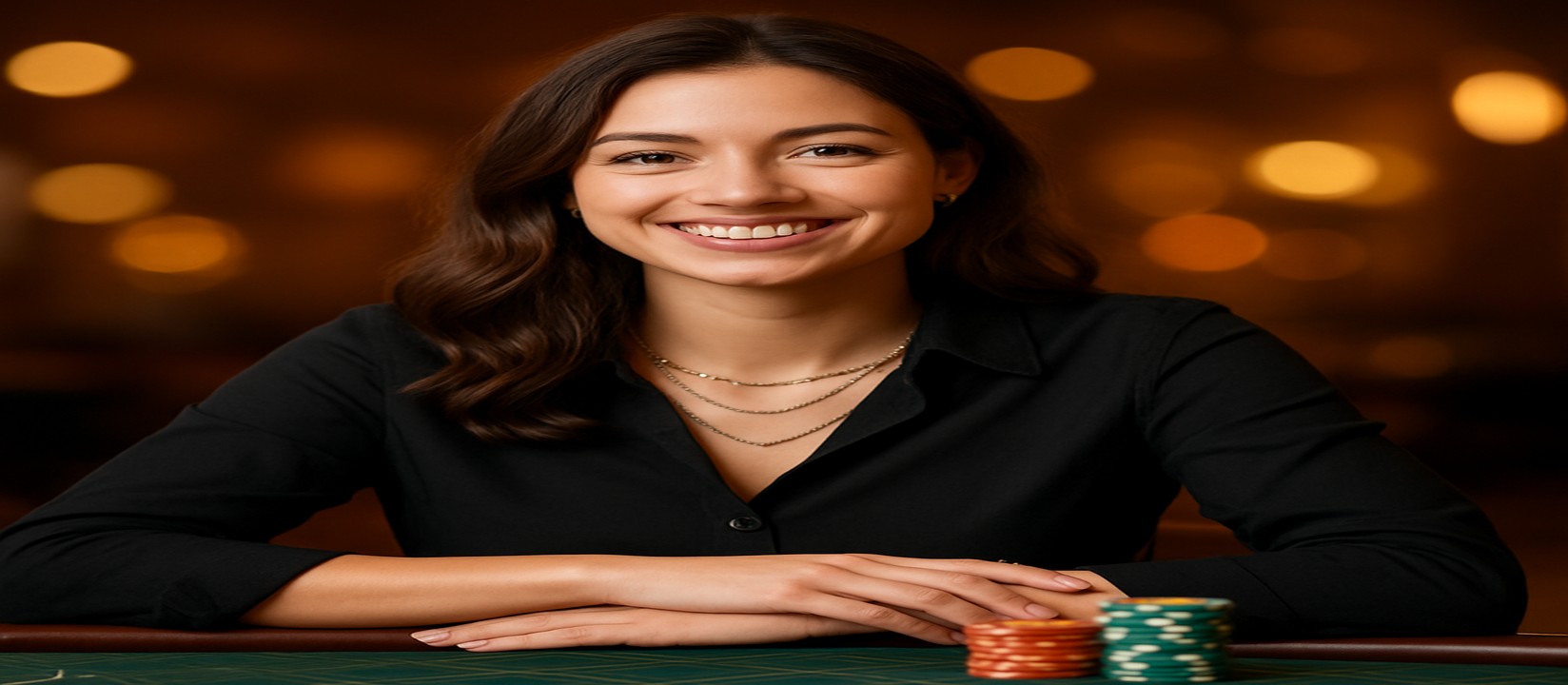 karika এর গেমিং প্ল্যাটফর্মে একটি হাসিখুশি মেয়ে টেবিলে খেলার চিপস ও কার্ডসমূহ সামনে রাখা বিস্তৃত ধরনের গেমের নির্বাচন প্রস্তাব দেন।