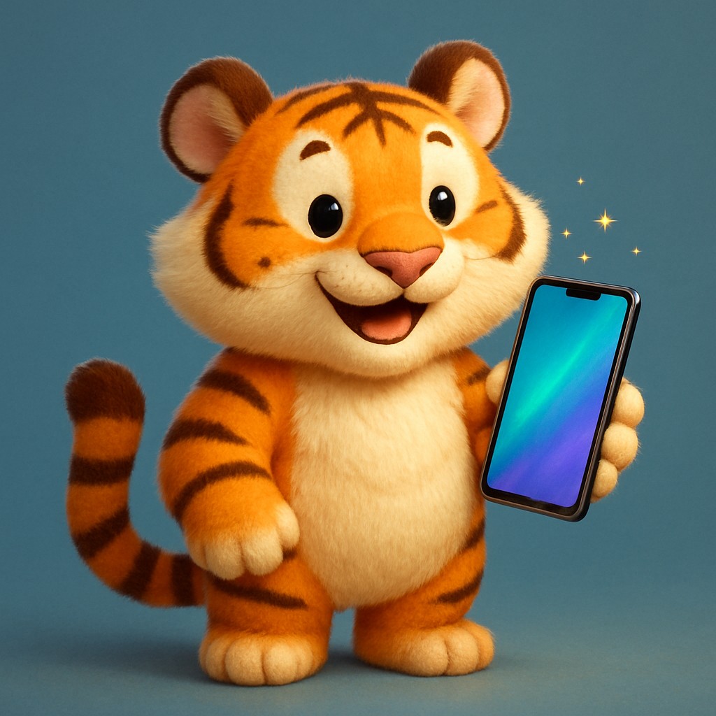 একটি কার্টুন বাঘের শাবক দুটো পায়ে একটি স্মার্টফোন ধরে আছে, karika অ্যাপটি দ্রুত ও নির্ভরযোগ্য হিসেবে কাজ করছে।