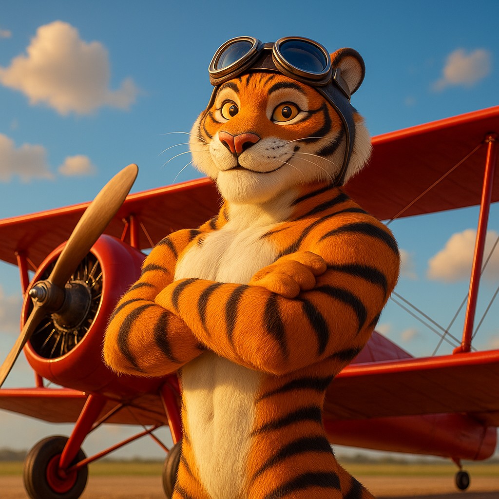 একজন বাঘ-চালিত পাইলট লাল বর্ণের ঐতিহ্যবাহী বিমানের পাশে দাঁড়িয়ে আছেন, যা অ্যাভিয়েটর গেমটি প্রতিনিধিত্ব করছে karika