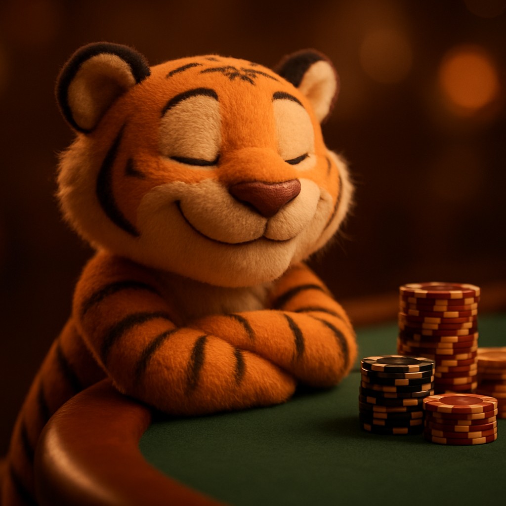 একটি হাসিখুশি বাঘের বাচ্চা karika গেমিং প্ল্যাটফর্মে একটি খেলার টেবিলে চিপস নিয়ে বসে আছে
