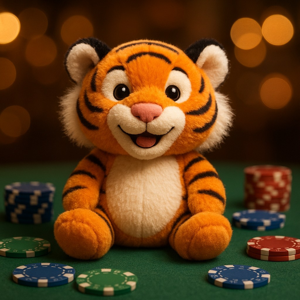 একটি ছোট বাঘের বাচ্চা একটি টেবিলে গেমিং চিপসের সাথে বসে আছে।