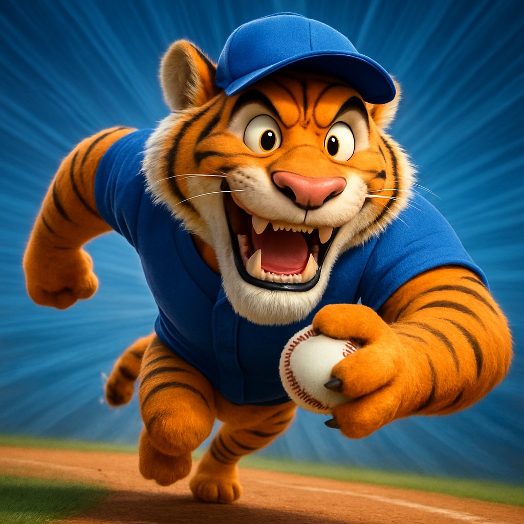 karika-এ ক্রিকেট খেলার গেমিংকে প্রতিনিধিত্ব করে একটি হাসিখুশি ইউনিফর্ম পরা বাঘছানার কিউব, তার পায়ে একটি বল ধরে।