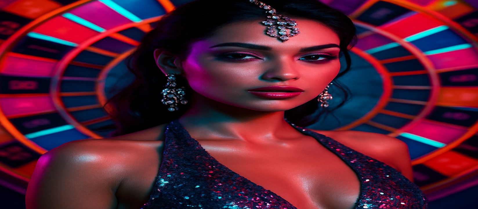 একজন সিকুইন পোশাক পরা নারী একটি উজ্জ্বল রঙের গেমিং প্ল্যাটফর্ম হুইলের সামনে দাঁড়িয়ে পোজ দিচ্ছেন