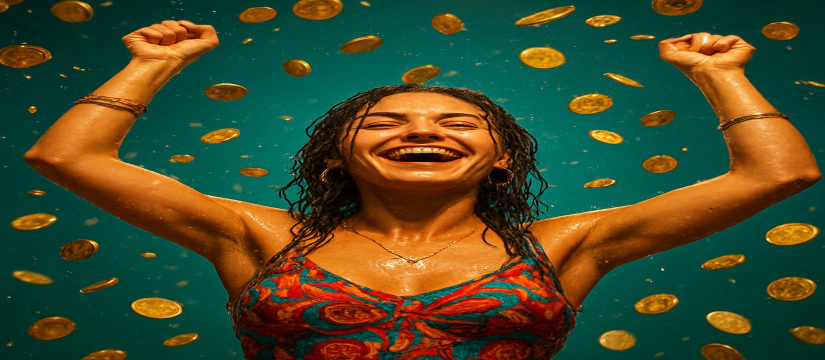 karika গেমিং প্ল্যাটফর্মে একটি রঙিন টপ পরিহিত একজন নারী মুদ্রার বর্ষণের মাঝে দাঁড়িয়ে আছেন