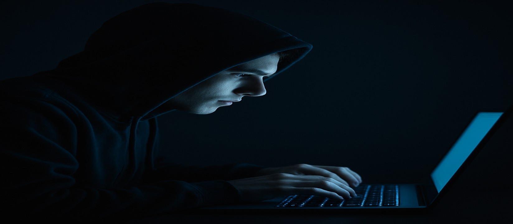 একজন পুরুষ karika ওয়েবসাইটে অনলাইন গেম খেলতে অন্ধকার ঘরে ল্যাপটপে বসে মনোযোগী চেহারা নিয়ে আছেন।